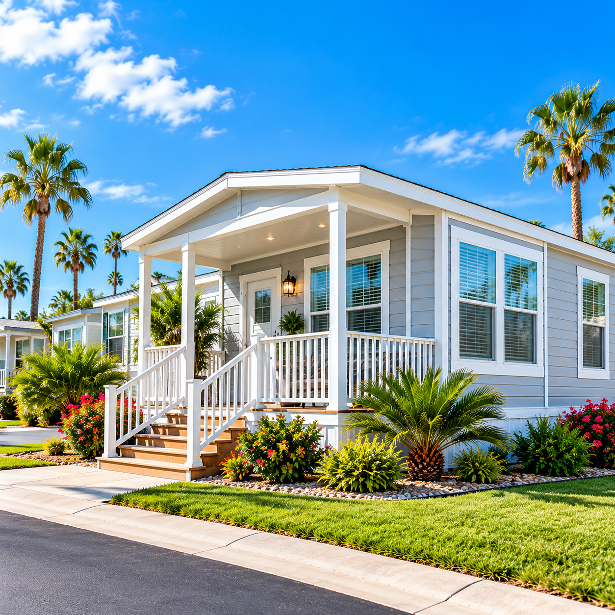 Modern manufactured mobile home with covered porch, white siding, and landscaped yard